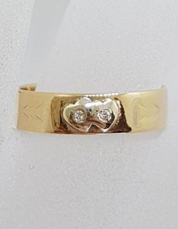 18ct Yellow Gold 2 Hearts Diamond Wedding Band Ring - Vintage