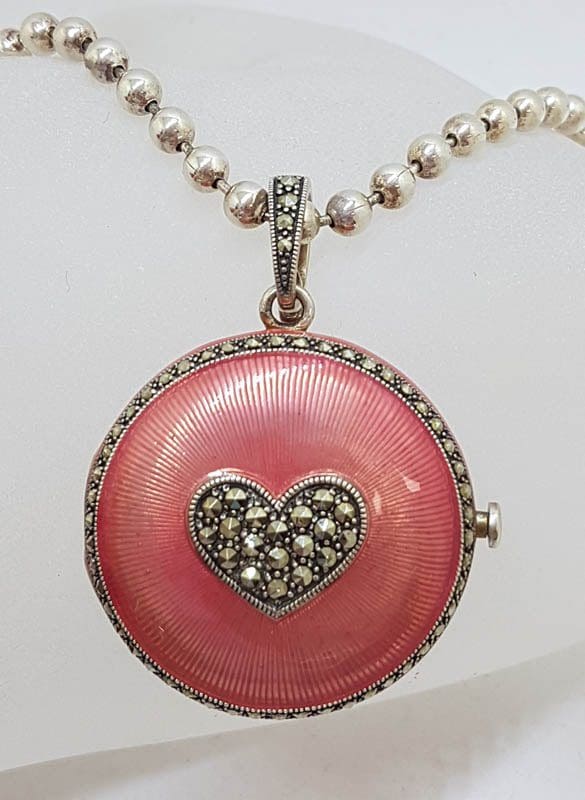 Sterling Silver Marcasite Heart with Pink Enamel Large Round Locket / Compact Enhancer Pendant on Heavy Silver Chain / Necklace