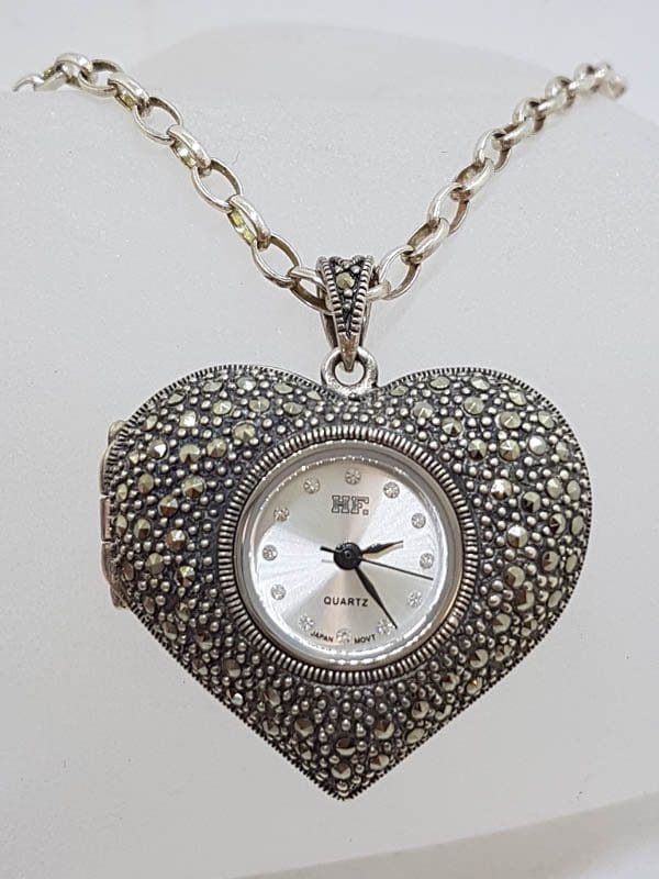 20210519_130903 Sterling Silver Marcasite Heart Shaped Watch Pendant on Sterling Silver Chain