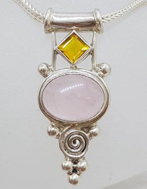 Sterling Silver Cabochon Cut Rose Quartz with Citrine Ornate Pendant on Chain