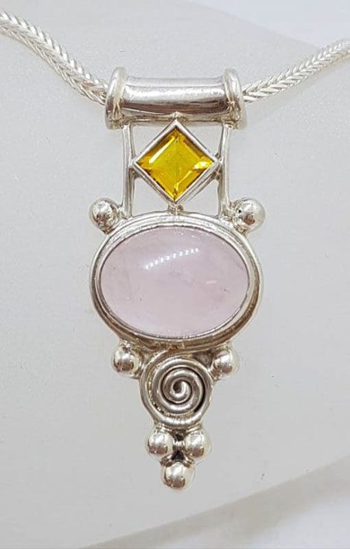 Sterling Silver Cabochon Cut Rose Quartz with Citrine Ornate Pendant on Chain