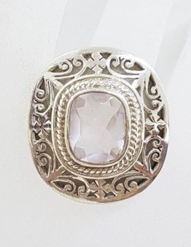 Sterling Silver Large Ornate / Filigree Rose Quartz Ring