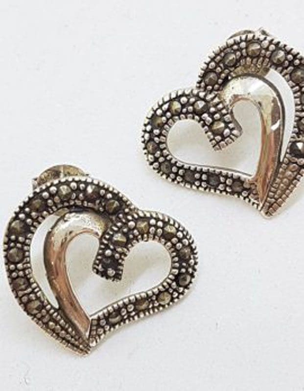 Sterling Silver Marcasite Large Heart Stud Earrings