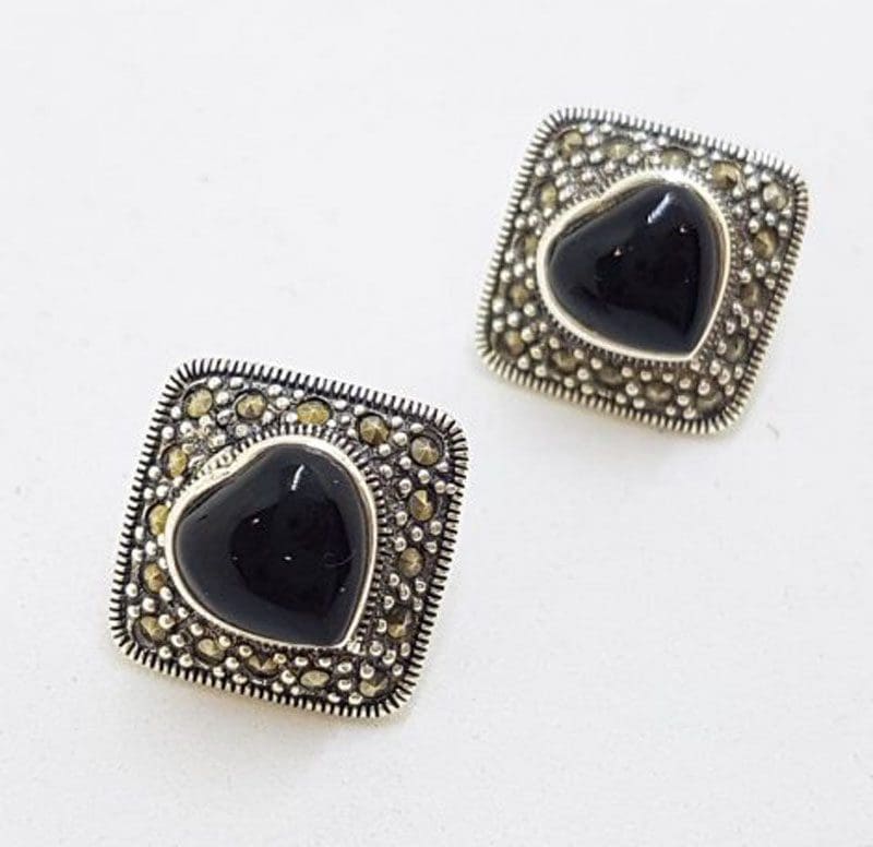 Sterling Silver Marcasite & Onyx Heart Stud Earrings