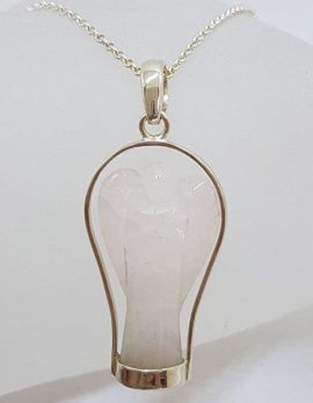 Sterling Silver Rose Quartz Carved Angel Pendant on Silver Chain
