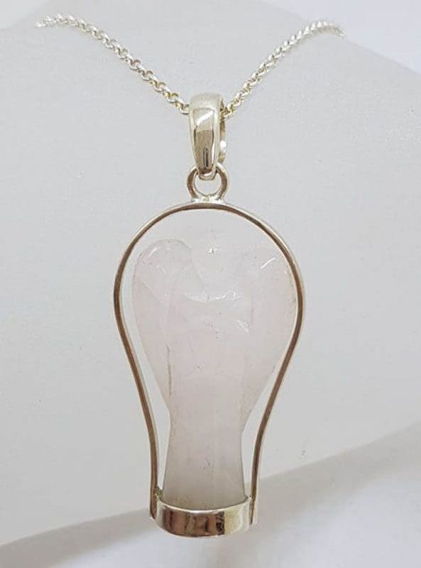 Sterling Silver Rose Quartz Carved Angel Pendant on Silver Chain