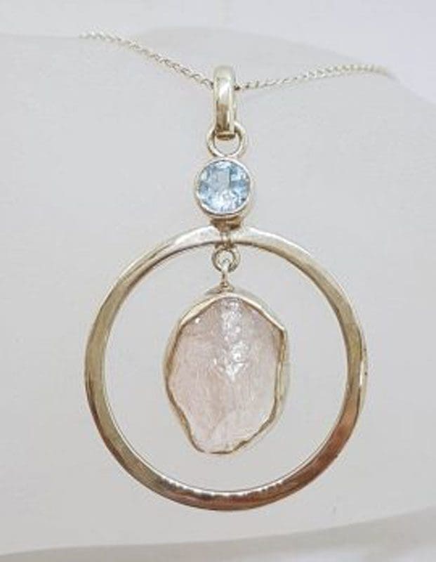 Sterling Silver Rough Cut Rose Quartz with Topaz Large Round Drop Pendant on Silver Chain