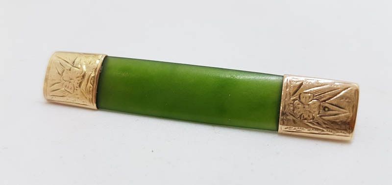 20210519_131821 9ct Yellow Gold Elongated Ornate Design New Zealand Green Stone Jade Bar Brooch - Antique / Vintage