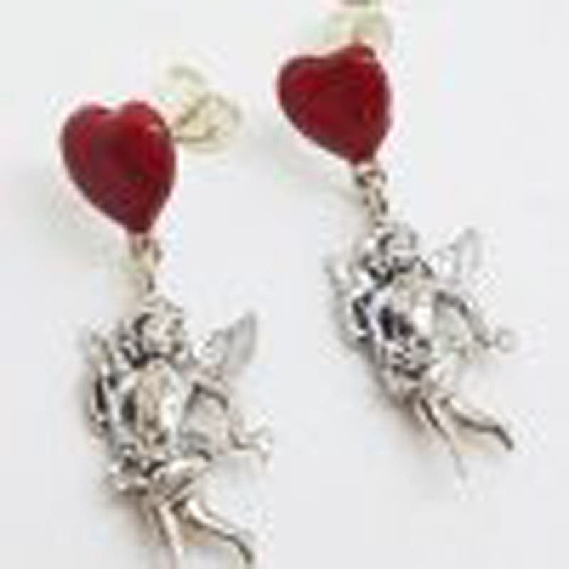 Sterling Silver Red Enamel Heart Cupid / Amore / Eros / Angel Drop Earrings