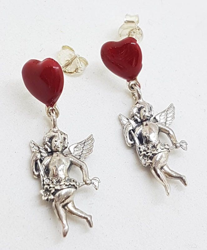 Sterling Silver Red Enamel Heart Cupid / Amore / Eros / Angel Drop Earrings