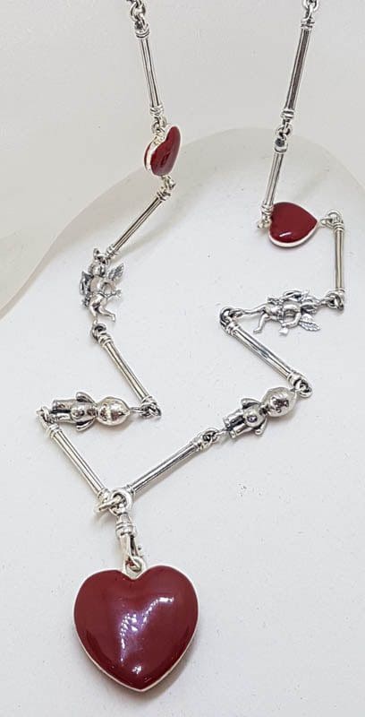 Sterling Silver Red Enamel Heart, Cupid and Cupie Doll Heavy Fob Style Necklace