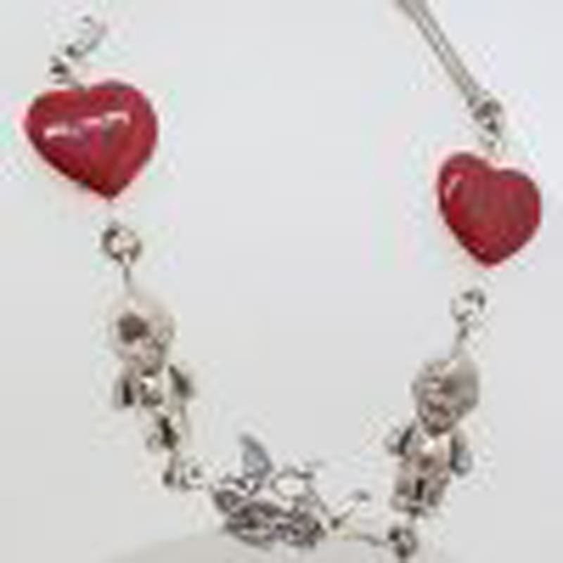 Sterling Silver Red Enamel Heart, Cupid and Cupie Doll Heavy Bracelet
