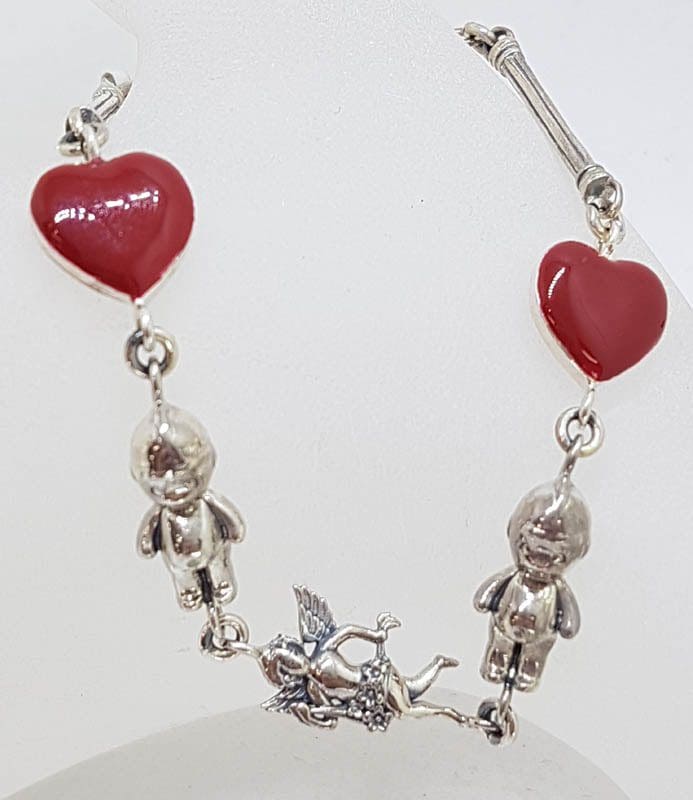 Sterling Silver Red Enamel Heart, Cupid and Cupie Doll Heavy Bracelet