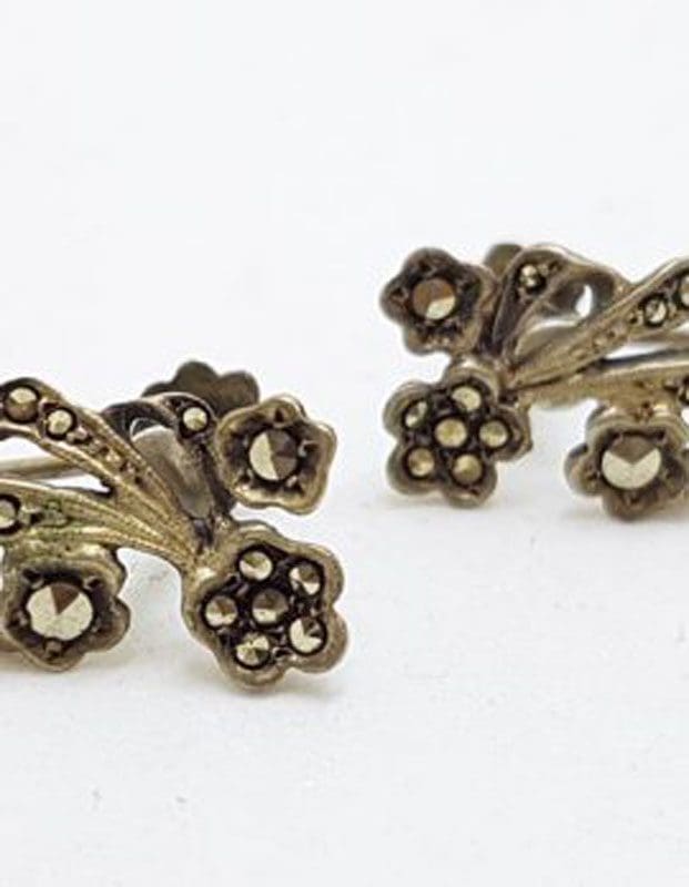 Sterling Silver Vintage Marcasite Floral Screw-On Earrings