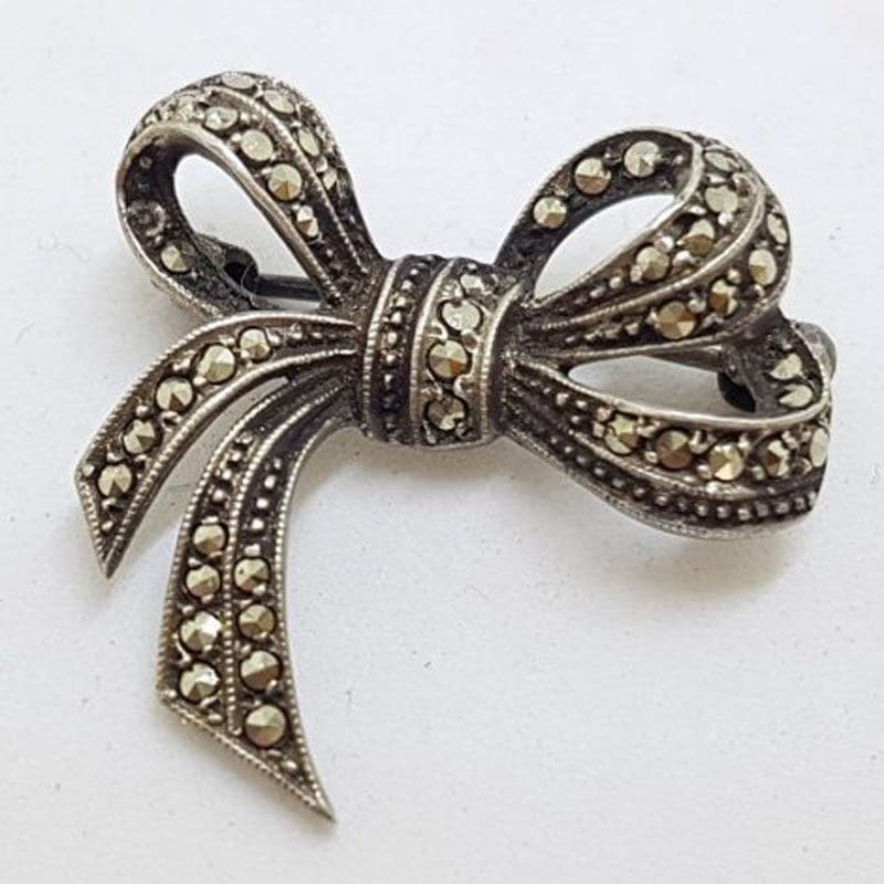 Sterling Silver Vintage Marcasite Bow Brooch