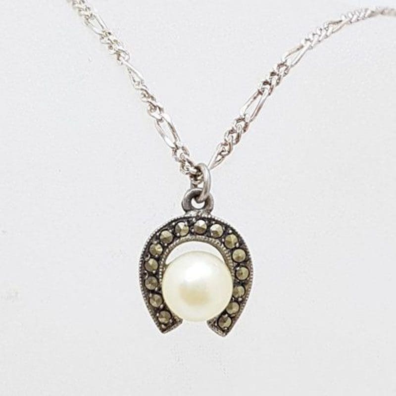Sterling Silver Vintage Marcasite Pearl in Horseshoe Pendant on Silver Chain