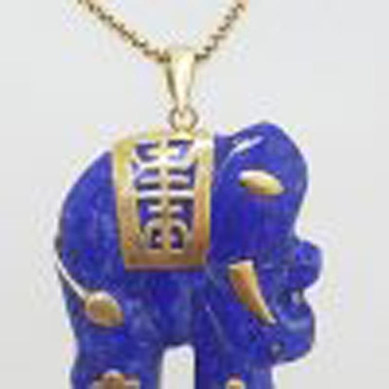 9ct Yellow Gold Carved Lapis Lazuli Elephant Pendant on Gold Chain - Antique / Vintage