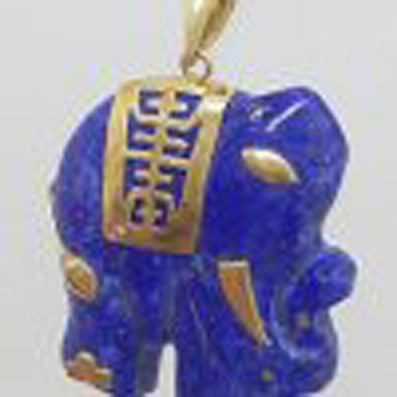 9ct Yellow Gold Carved Lapis Lazuli Elephant Pendant on Gold Chain - Antique / Vintage