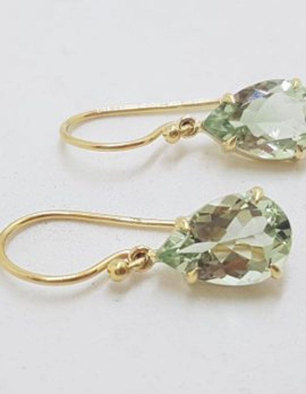 9ct Yellow Gold Claw Set Teardrop / Pear Shape Green Amethyst / Prasiolite Drop Earrings