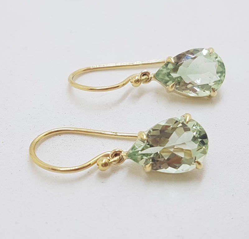 20210519_132858 9ct Yellow Gold Claw Set Teardrop / Pear Shape Green Amethyst / Prasiolite Drop Earrings