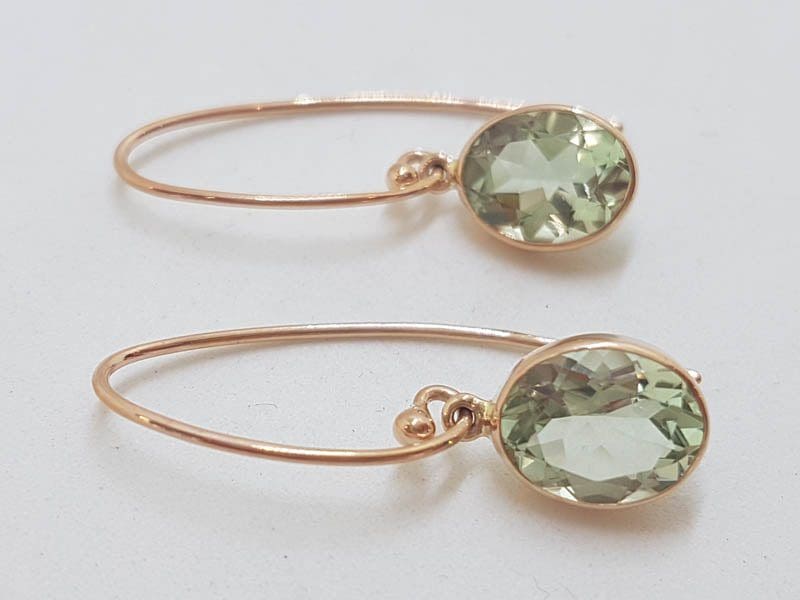 20210519_133205 9ct Rose Gold Long Oval Bezel Set Green Amethyst / Prasiolite Drop Earrings