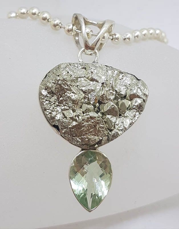 Sterling Silver Large Pyrite and Green Amethyst / Prasiolite Pendant on Thick Ball Link Silver Necklace / Chain