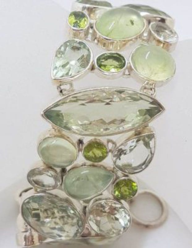 789Sterling Silver Green Amethyst / Prasiolite, Prehnite, Pearl and Peridot Wide Bracelet