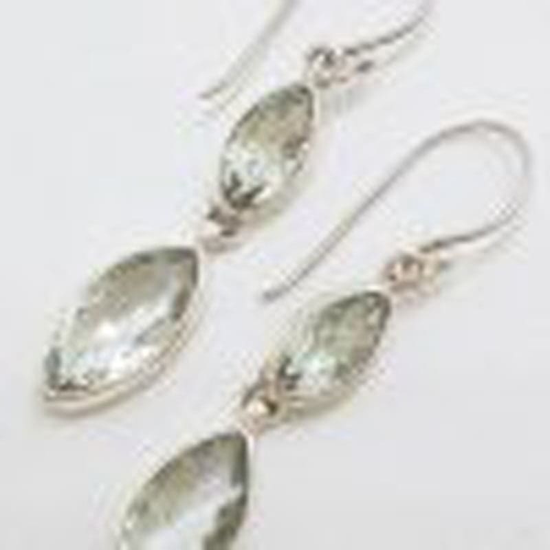Sterling Silver Green Amethyst / Prasiolite Earrings - Long Drop Marquis Shape