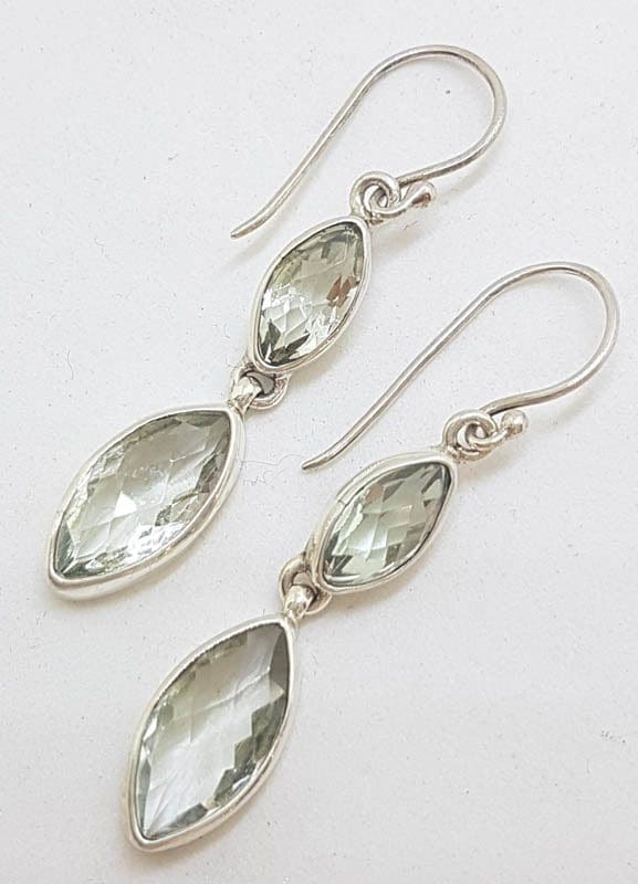 Sterling Silver Green Amethyst / Prasiolite Earrings - Long Drop Marquis Shape