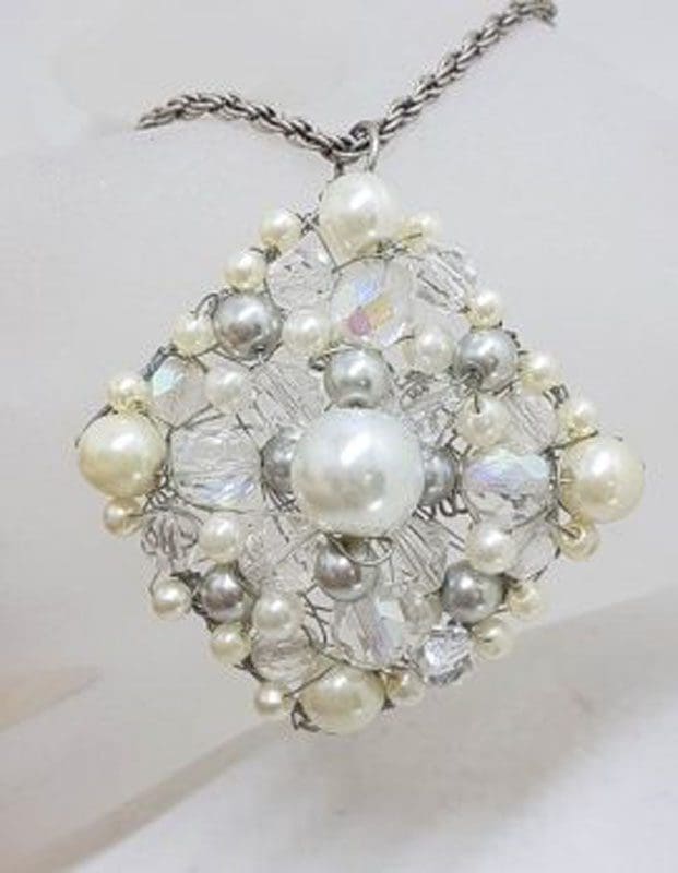Plated Large Cluster Crystal and White Bead Pendant on Chain - Vintage Costume Jewellery