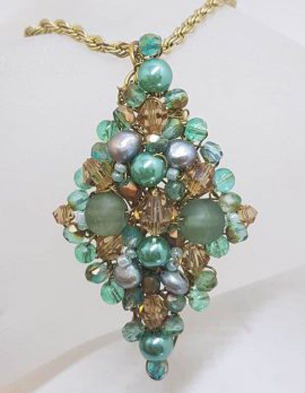 Plated Large Cluster Crystal and Blue Bead Pendant on Chain - Vintage Costume Jewellery