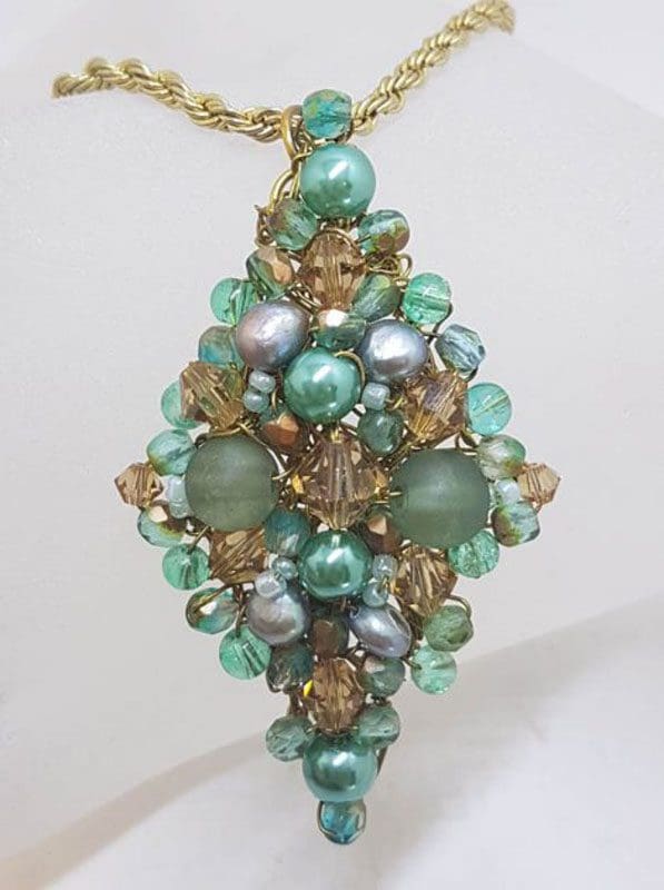 Plated Large Cluster Crystal and Blue Bead Pendant on Chain - Vintage Costume Jewellery