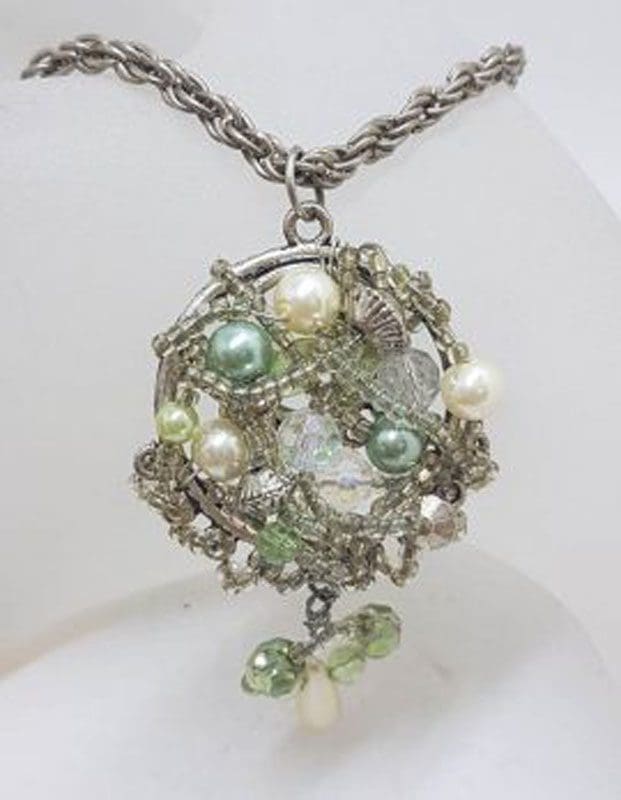 Plated Large Cluster Crystal and Bead Pendant on Chain - Vintage Costume Jewellery