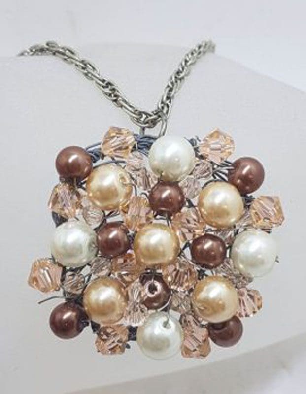 Plated Large Cluster Crystal and Brown Bead Pendant on Chain - Vintage Costume Jewellery