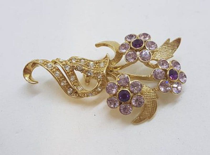 Vintage Costume Jewellery Plated Purple and Clear Rhinestone Floral Brooch