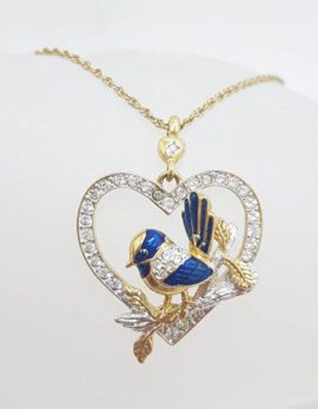 Vintage Costume Jewellery Plated Gorgeous Blue Wren Bird Rhinestone Mother Pendant on Chain