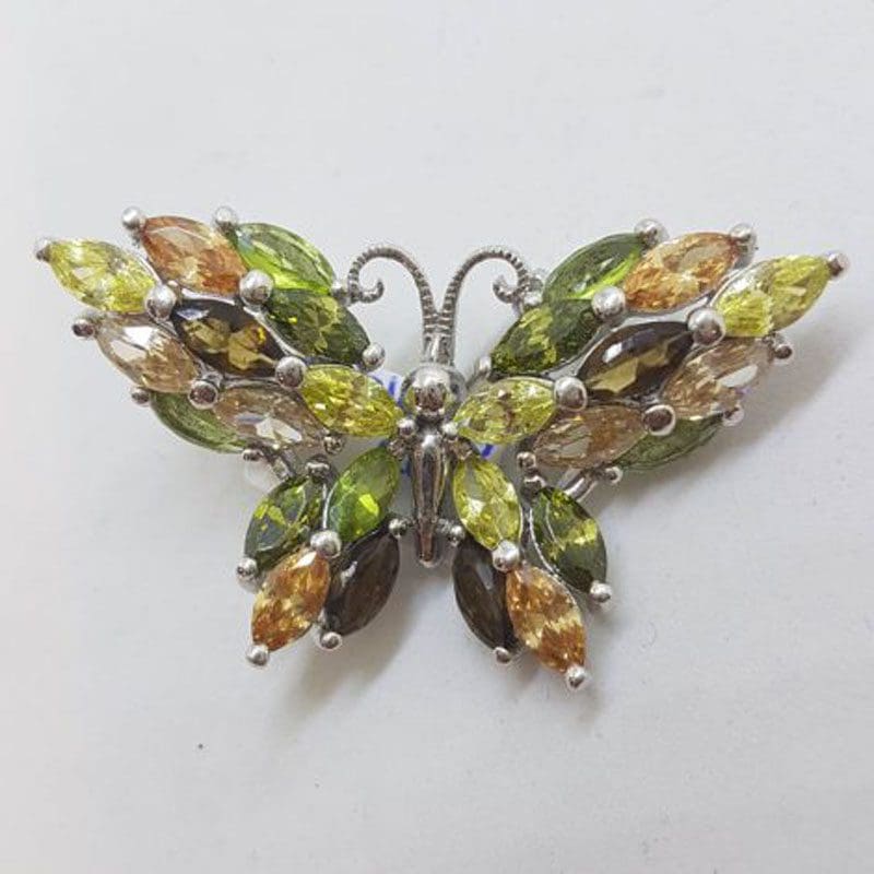 Sterling Silver Multi-Coloured Large Cubic Zirconia Butterfly Brooch - Green, Brown, Yellow, Orange