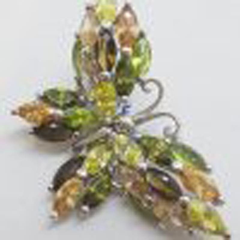 Sterling Silver Multi-Coloured Large Cubic Zirconia Butterfly Brooch - Green, Brown, Yellow, Orange