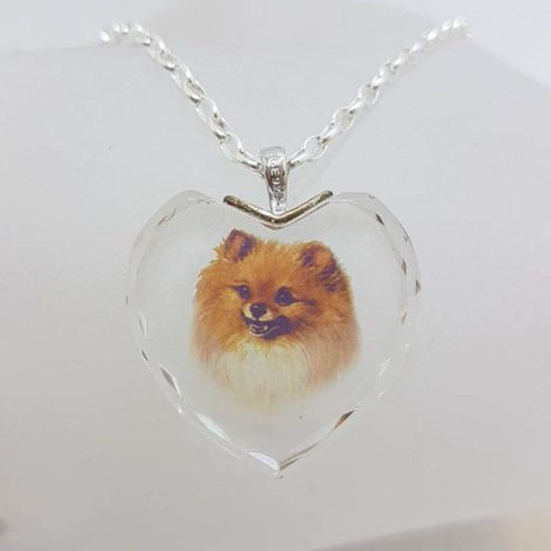 Sterling Silver Pomeranian Dog in Crystal Heart Pendant on Silver Chain