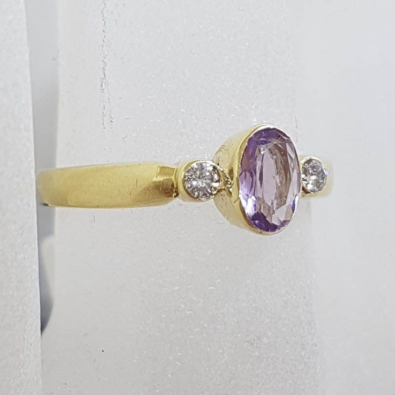 9ct Yellow Gold Oval Amethyst and Diamond Bezel Set Ring