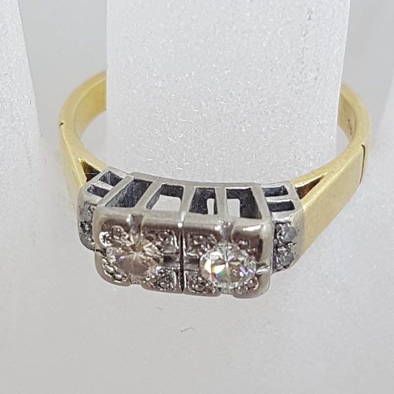 18ct Yellow Gold with Platinum Diamond Toi et Moi High Set Engagement / Dress Ring - Antique / Vintage