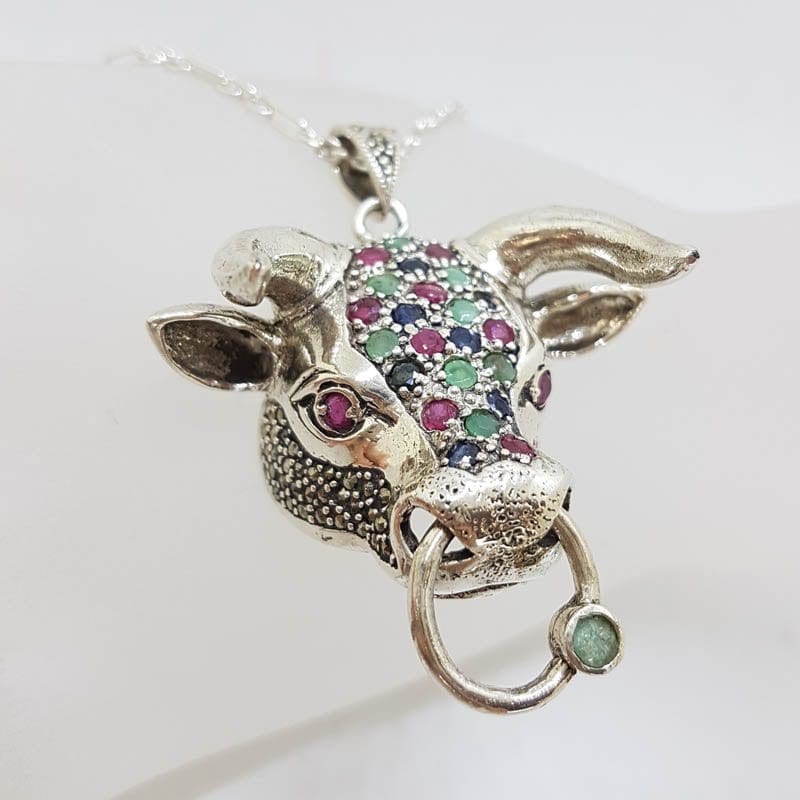 Sterling Silver Marcasite, Emerald, Ruby and Sapphire Bull Head Pendant on Sterling Silver Chain
