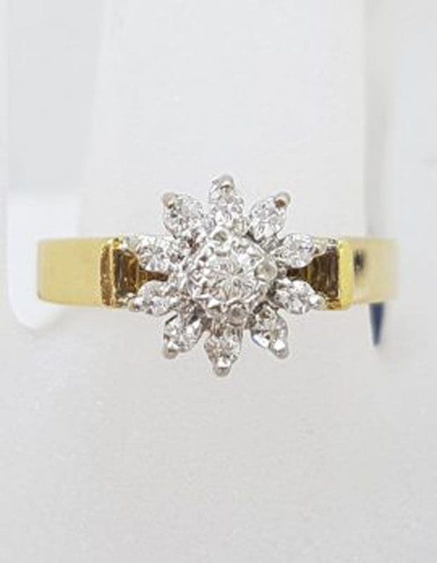 18ct Yellow Gold Diamond Daisy Flower High Set Engagement Ring / Dress Ring - Antique / Vintage