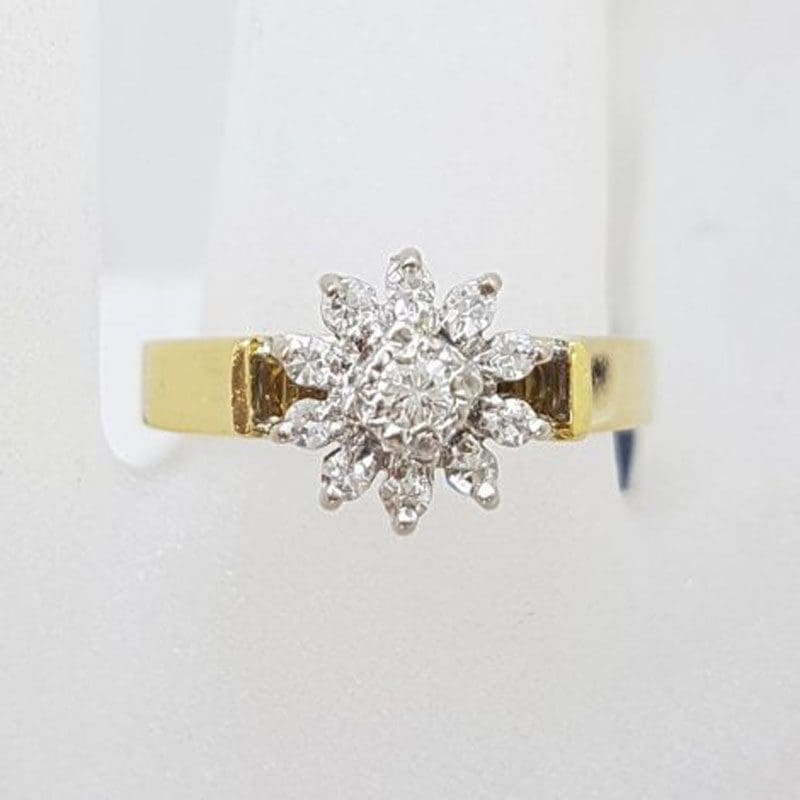 18ct Yellow Gold Diamond Daisy Flower High Set Engagement Ring / Dress Ring - Antique / Vintage
