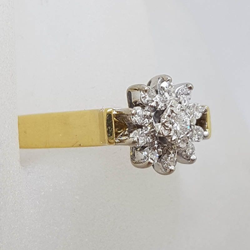 18ct Yellow Gold Diamond Daisy Flower High Set Engagement Ring / Dress Ring - Antique / Vintage