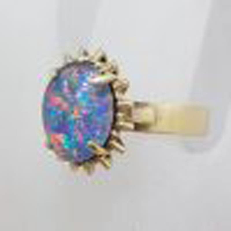 9ct Yellow Gold Oval Blue Opal Triplet Ring with Spikey Border - Antique / Vintage