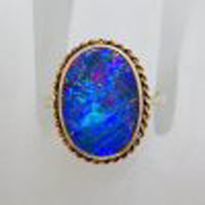 9ct Yellow Gold Large Oval Blue Opal Ring with Ornate Twist Border - Antique / Vintage