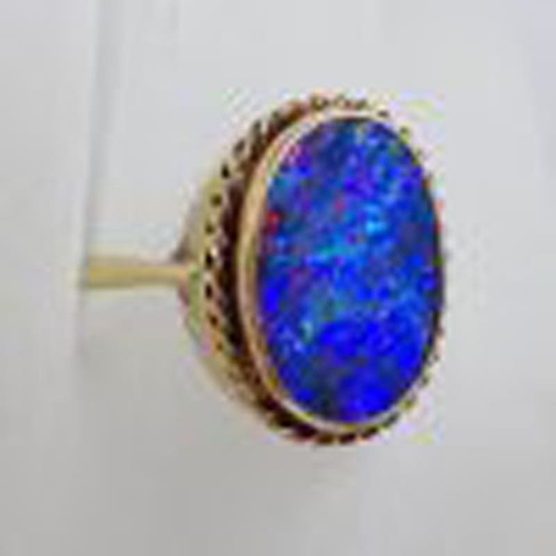 9ct Yellow Gold Large Oval Blue Opal Ring with Ornate Twist Border - Antique / Vintage