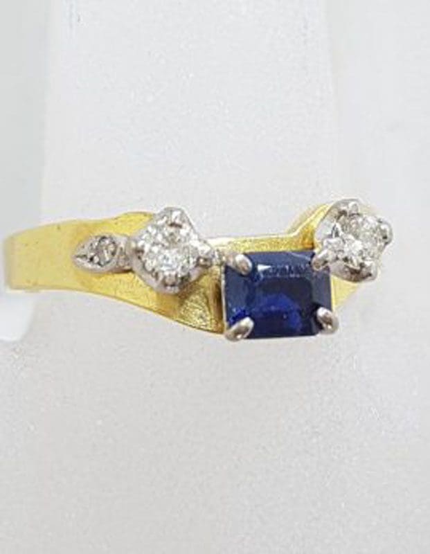 18ct Yellow Gold Rectangular Natural Sapphire with Two Diamond Half Round Eternity / Wedding Ring