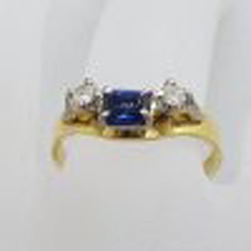 18ct Yellow Gold Rectangular Natural Sapphire with Two Diamond Half Round Eternity / Wedding Ring